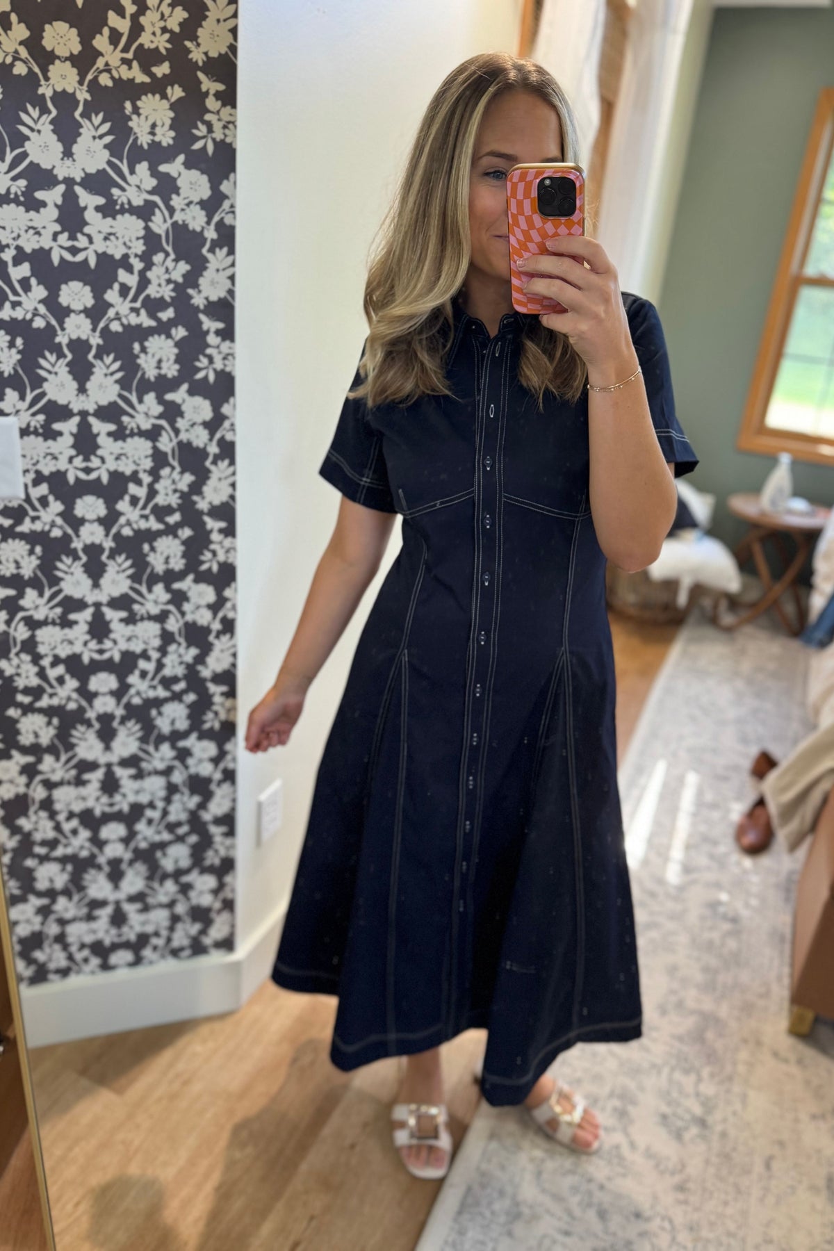 Short Sleeve Button Down Navy Midi Dress