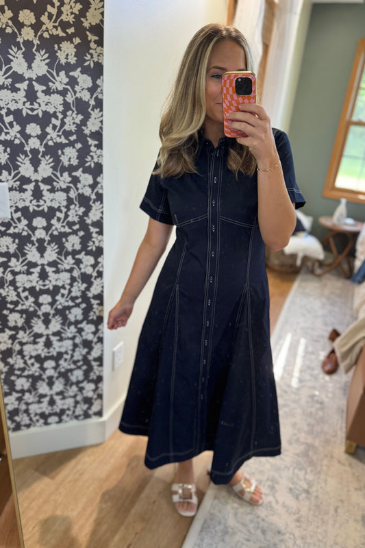 Short Sleeve Button Down Navy Midi Dress