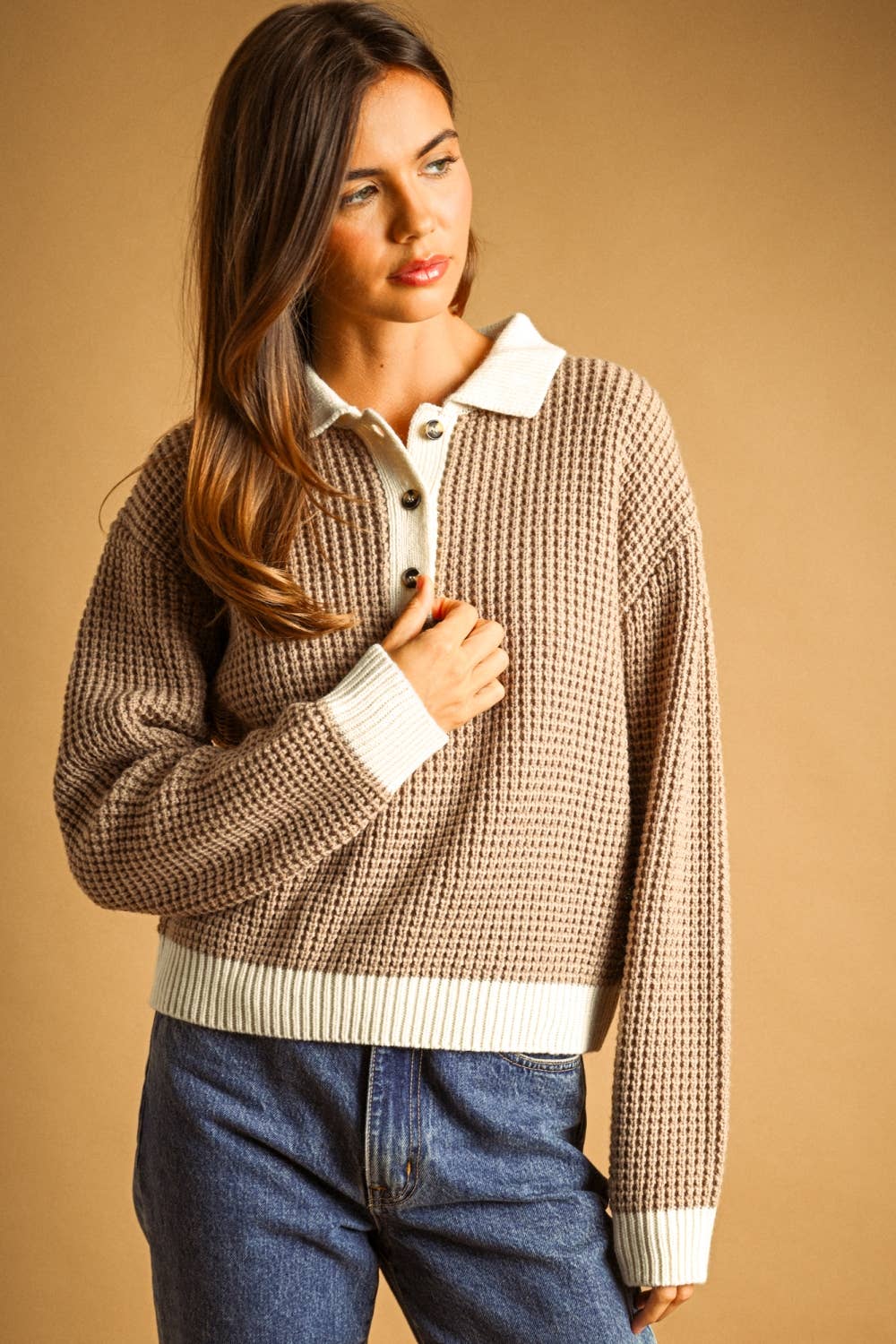 Waffle Pattern Collared Sweater Top in Milk Coffee by Miou Muse
