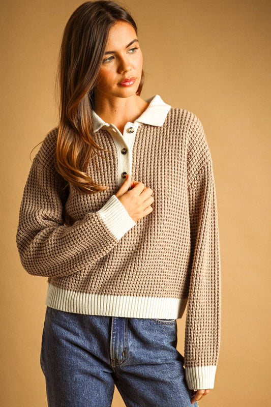 Waffle Pattern Collared Sweater Top in Milk Coffee by Miou Muse