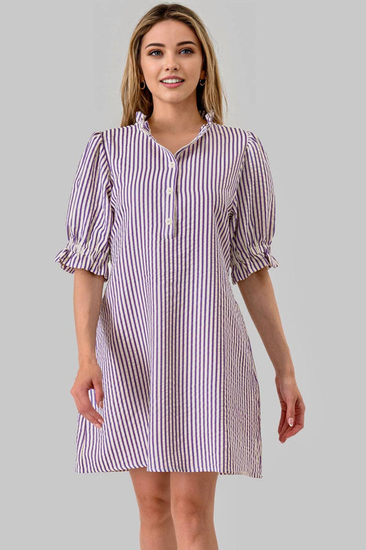 Quinn Striped Seersucker Game Day Dress in Purple by Pixi + Ivy