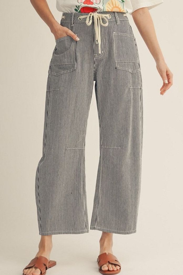 Drawstring Stripe Black Barrel Jeans