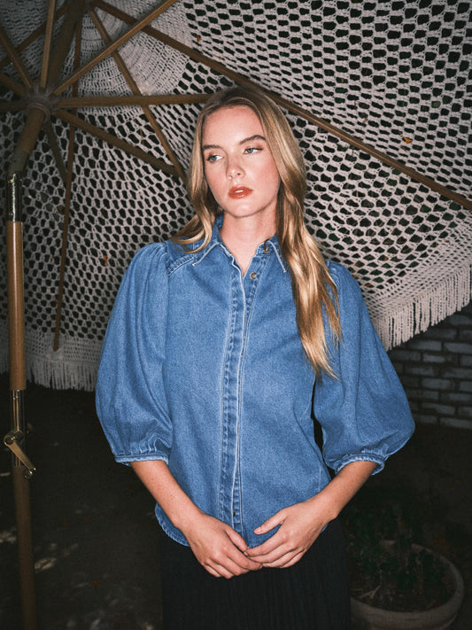 AT5411- Denim Puff Sleeve Blouse