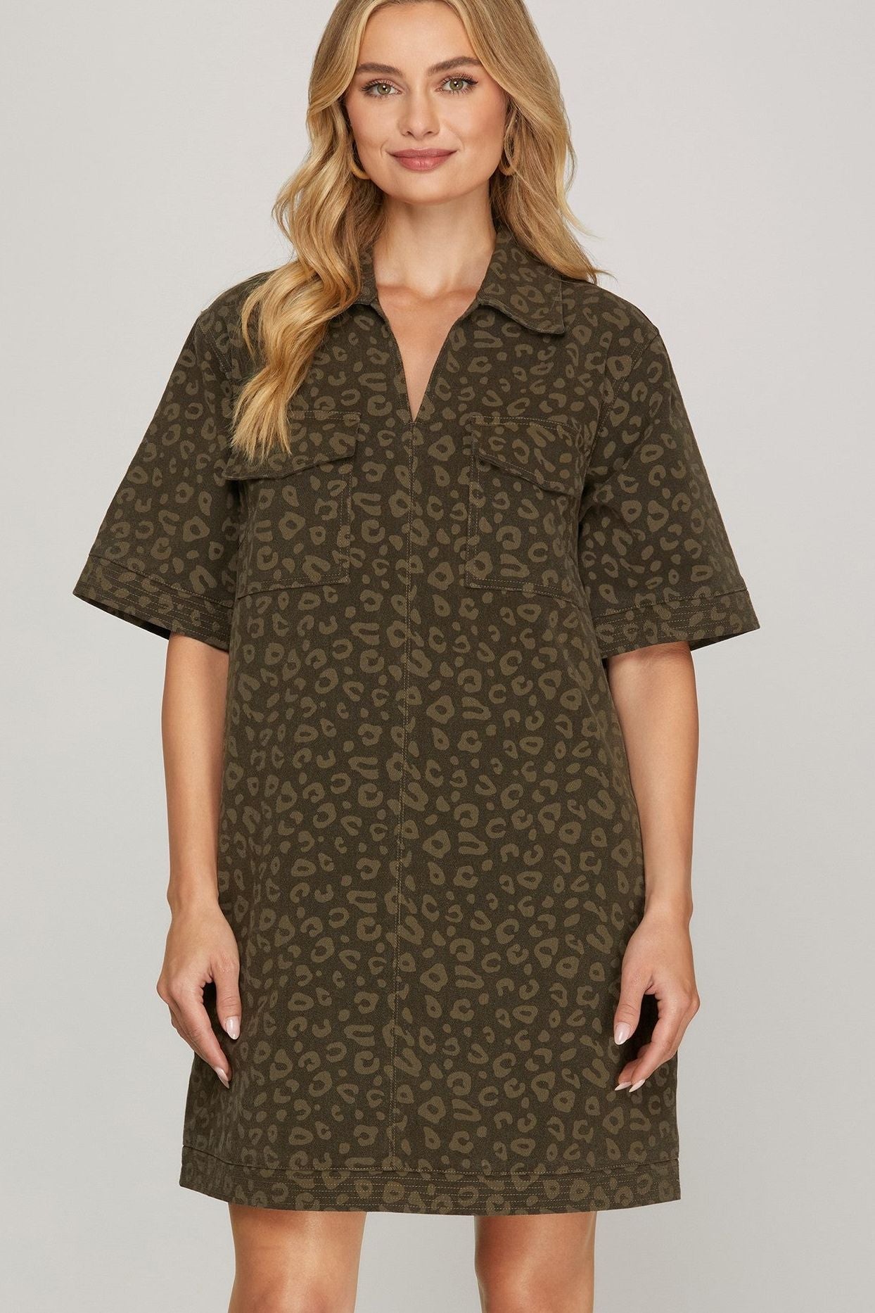 Olive Animal Print Collared Mini Dress