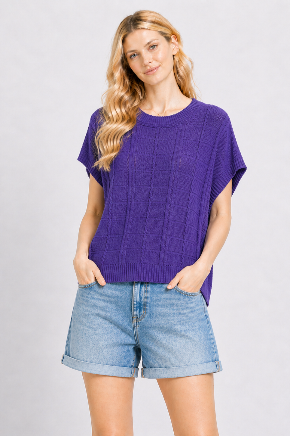 Game Day Check-Texture Relaxed Fit Knit Top in Purple by Newbury Kustom