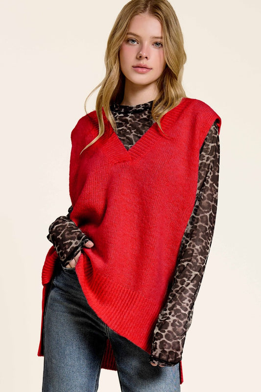 Soft Sweater Vest With Side Slit Red