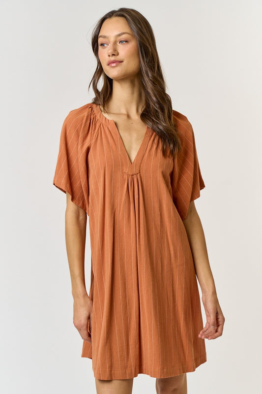 Linen Striped V-Neck Rust Dress