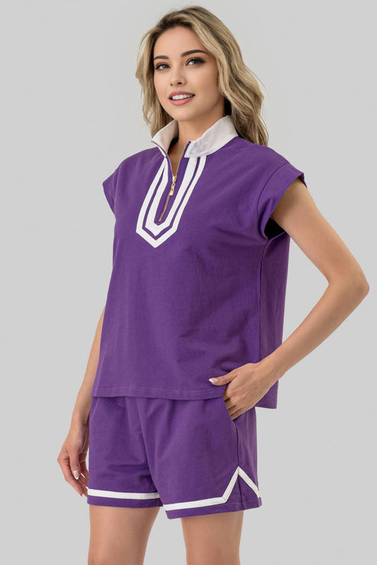 Contrast Trim Game Day Top & Shorts Set in Purple by Pixi + Ivy