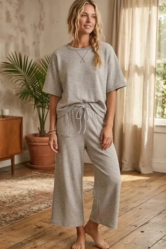 Heather Grey Stripe Straight Leg Cropped Pants