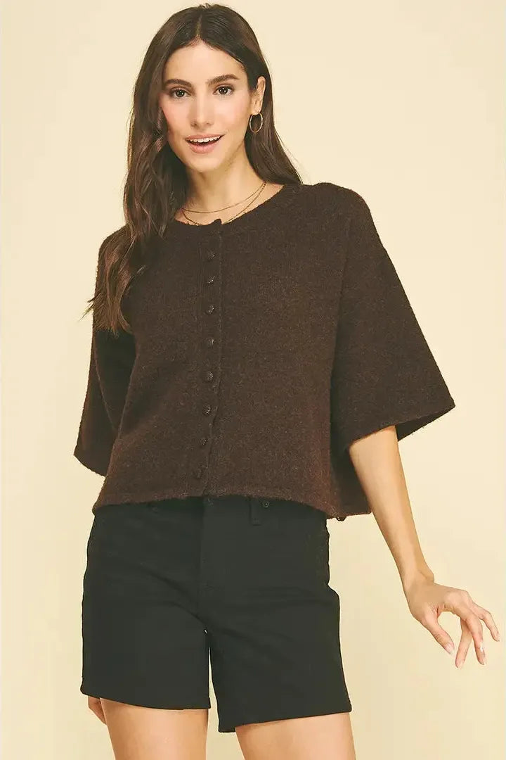 Button Down Short Sleeve Sweater Espresso