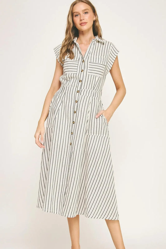 Top Stitch Stripe Cotton Midi Dress