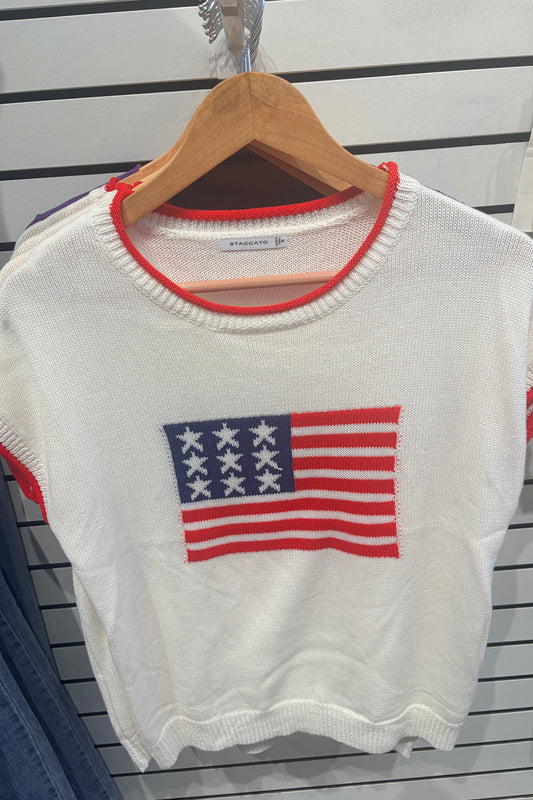 White Short Sleeve American Flag Sweater