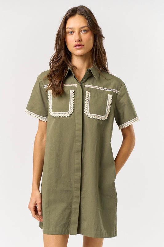 Short Sleeve Front Lace Pocket Dress