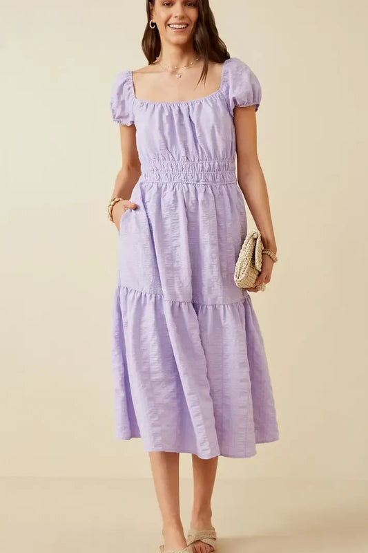 Smocked Waist Square Neck Midi Dress