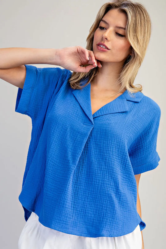 Royal Blue V-Neck Collared Top