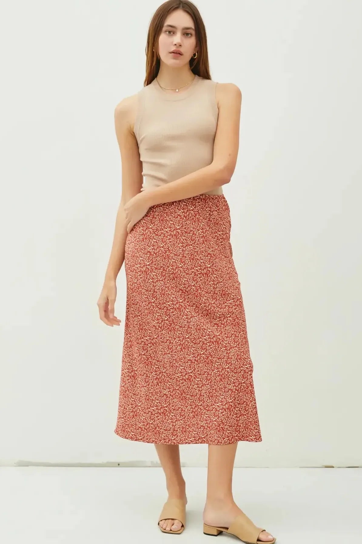 Red Printed Midi Elastic Skirt