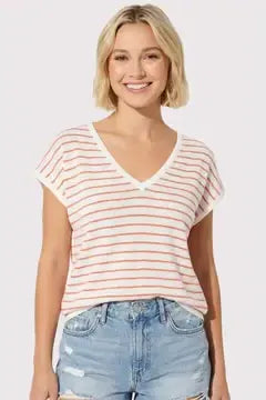 Ivory and Orange Striped V-Neck Short Sleeve