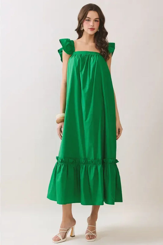 Kelly Green Square Neckline Midi Dress