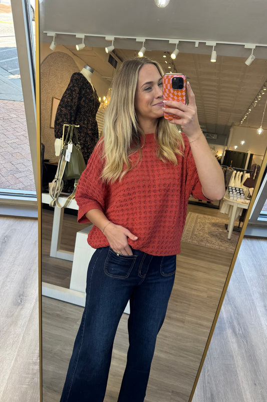 Short Sleeve Pointelle Rust Sweater Top