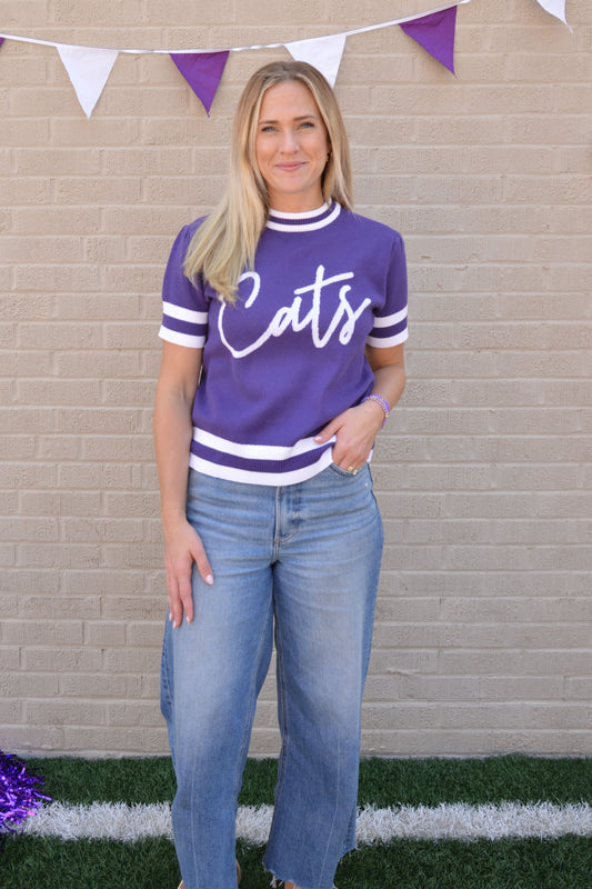 Purple Knit Varsity Top – “Cats” Script