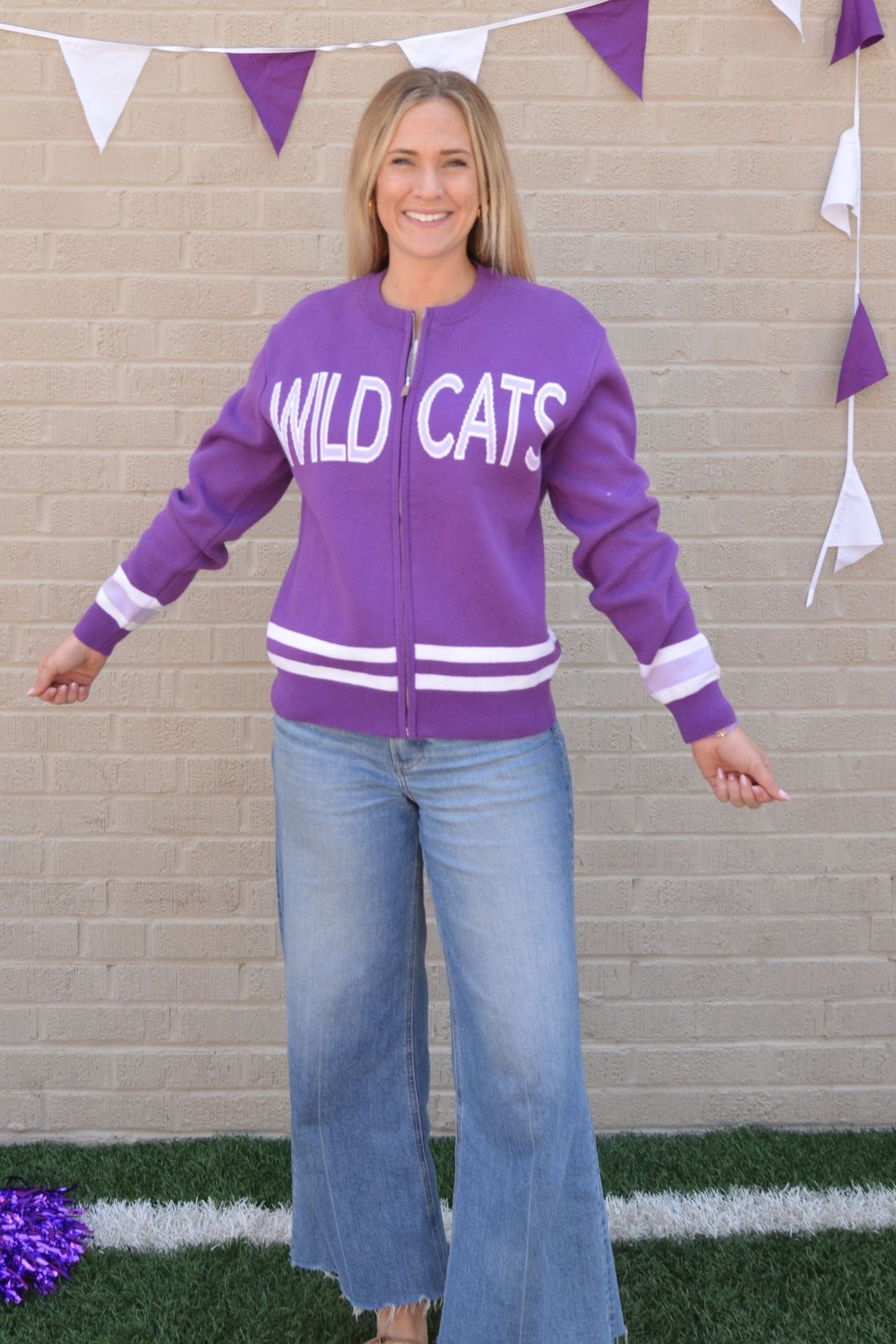 Knit Wildcats Varsity Zip Sweater Jacket – Purple & White