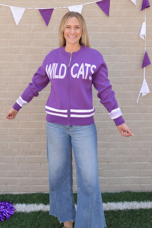 Knit Wildcats Varsity Zip Sweater Jacket – Purple & White