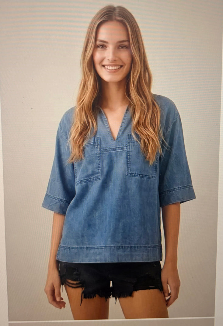 Denim Short Sleeve Pintuck Shirt