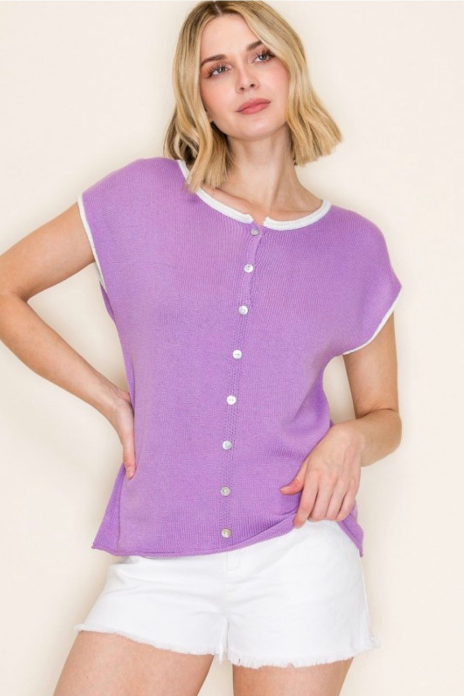 Lavender Button Down Raw Edge Top