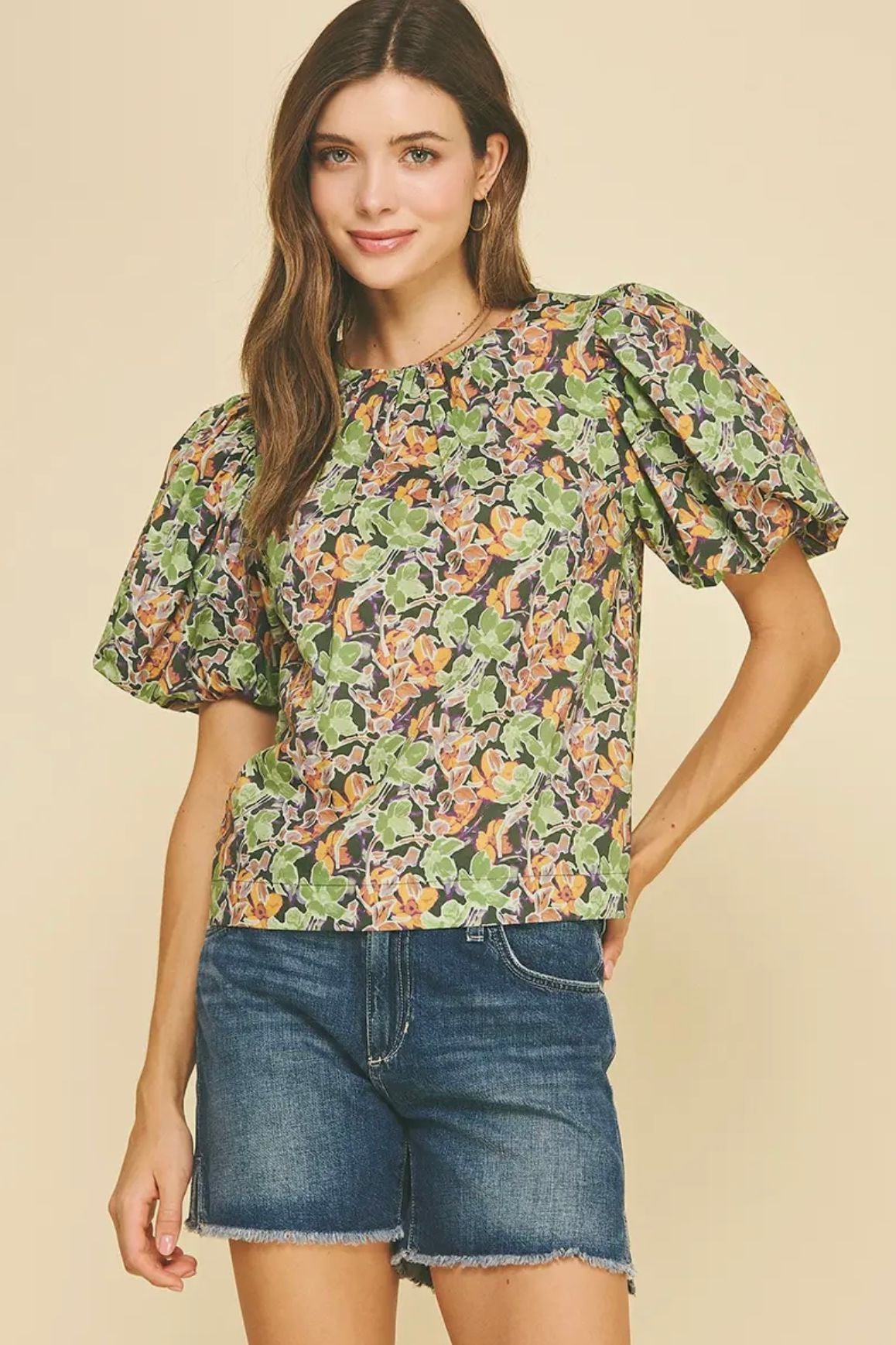 Patterned Puff Sleeve Olive Top