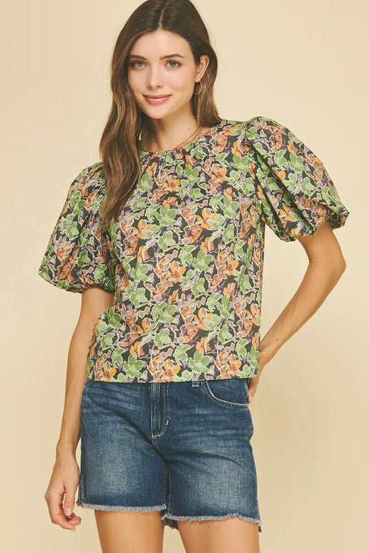 Patterned Puff Sleeve Olive Top