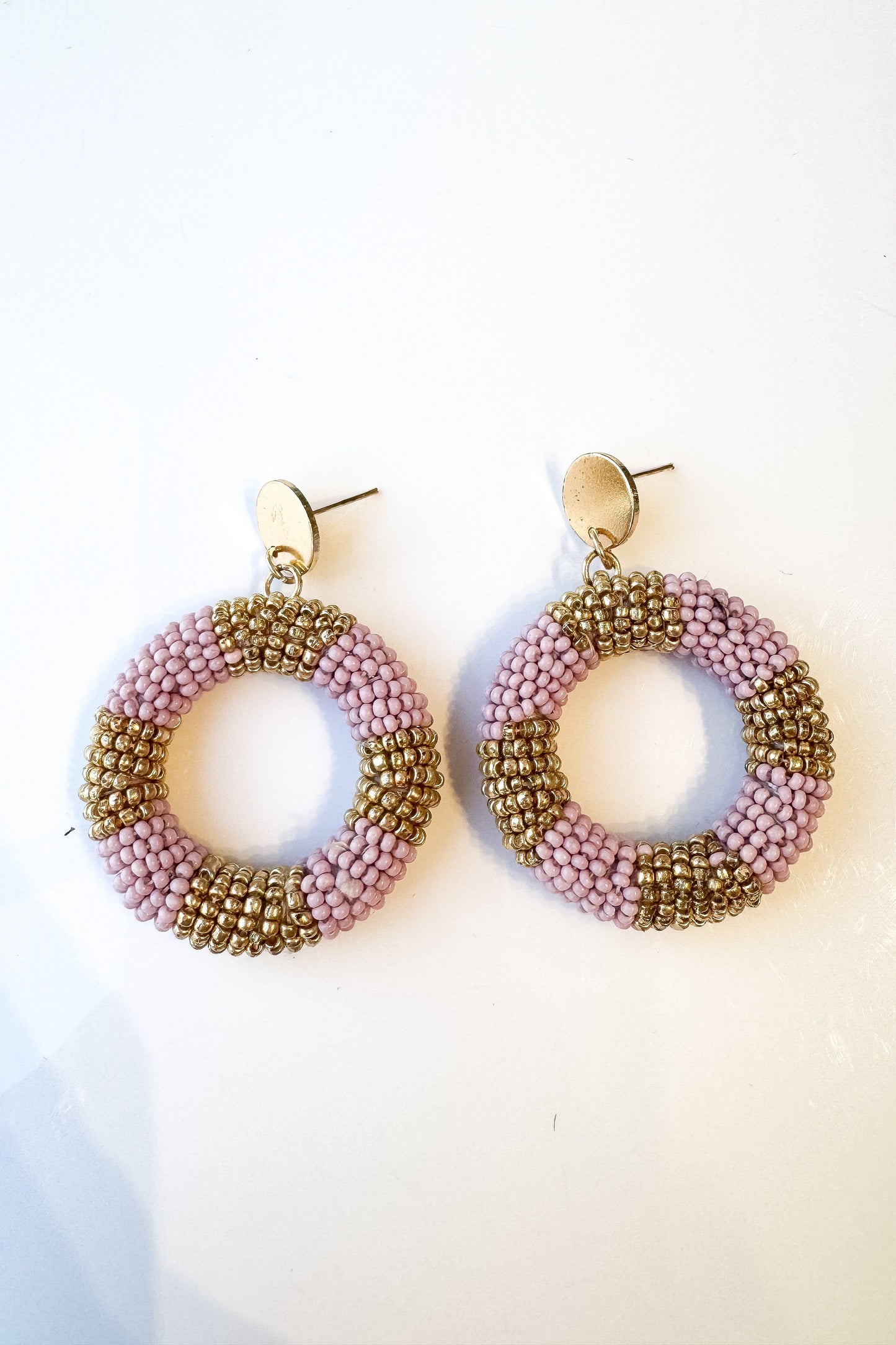 Beaded Gold and Purple Circle Earrings