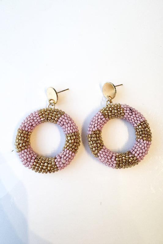 Beaded Gold and Purple Circle Earrings