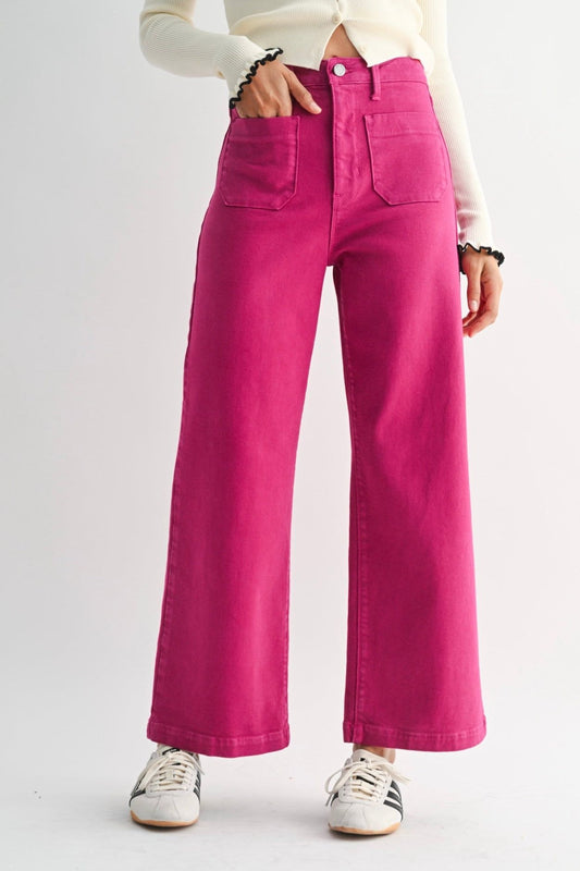 Patch Pocket Wide Leg Pink Jeans
