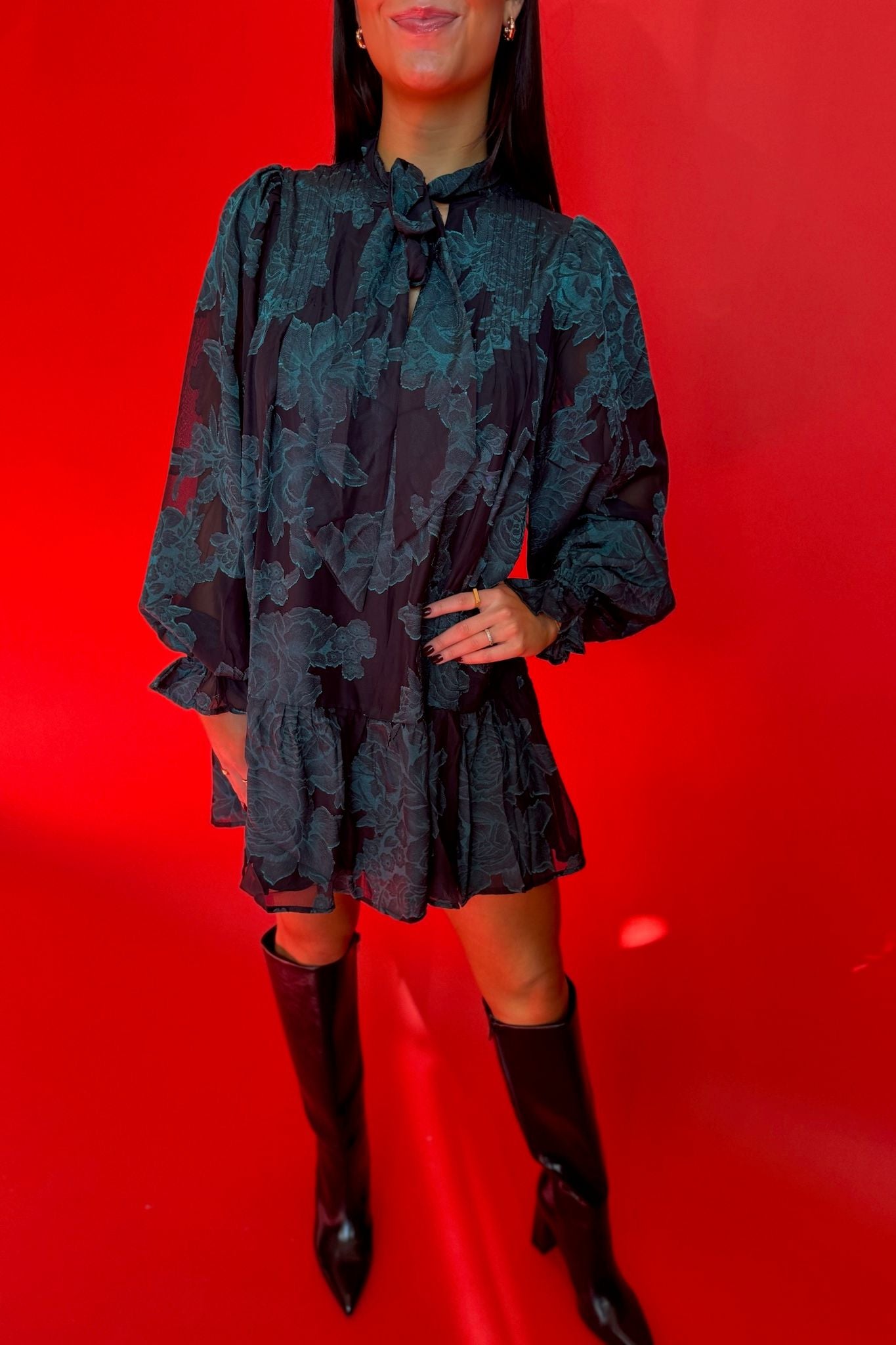 Black And Green Woven Tie Mini Dress