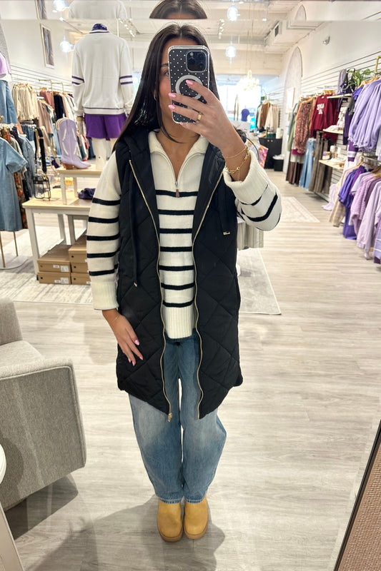 Black Long Quilted Vest With Hood