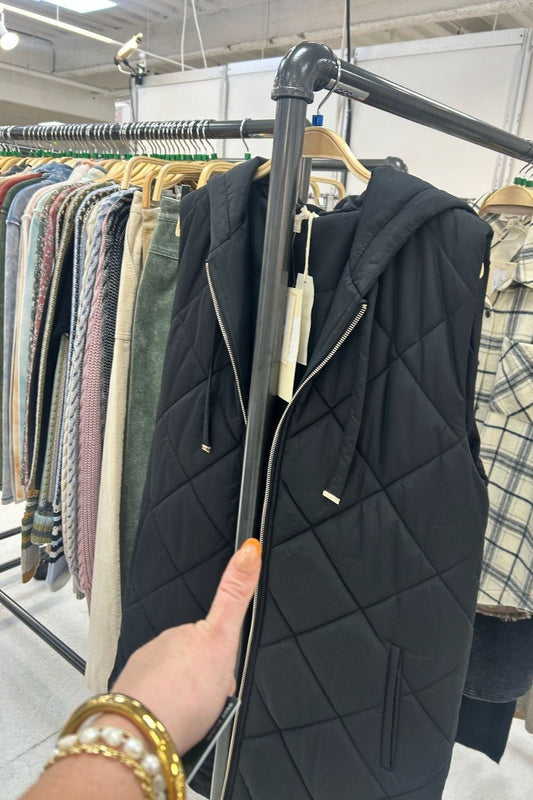 Black Long Quilted Vest With Hood