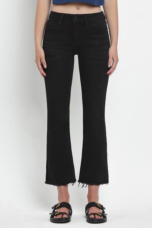 Mid Rise Black Distressed Hem Crop Flare - Vervet