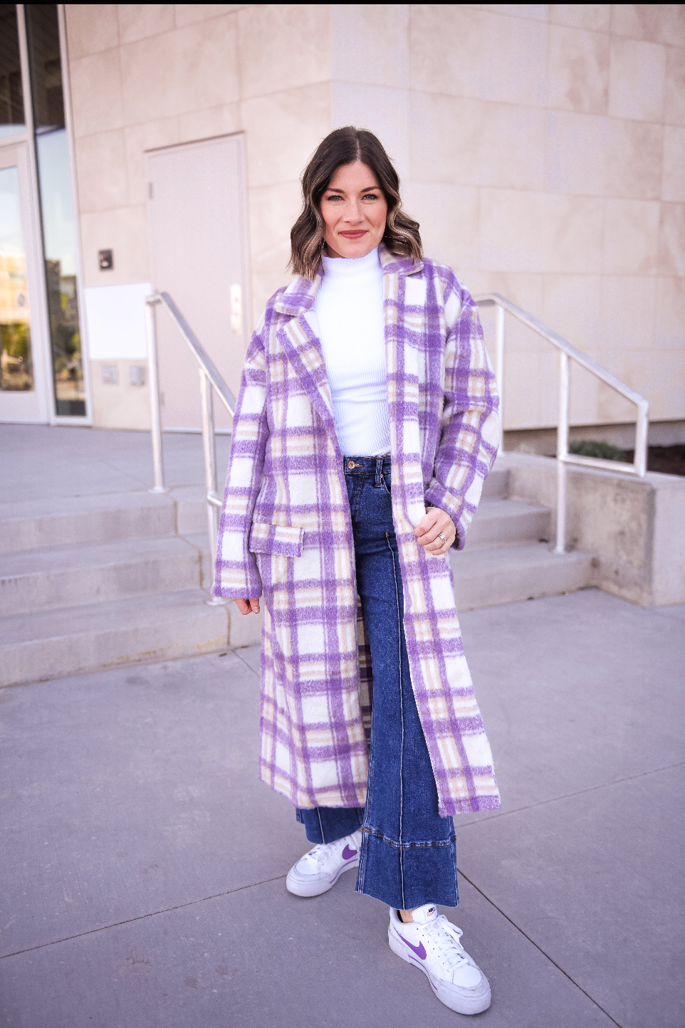 Brushed Plaid Open Front Coat