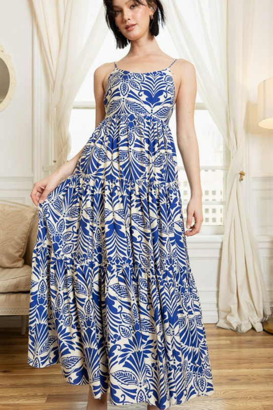 Blue and White Printed Strap Tiered Dress