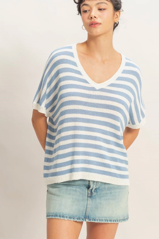 Blue V-Neck Knitted Short Sleeve Top