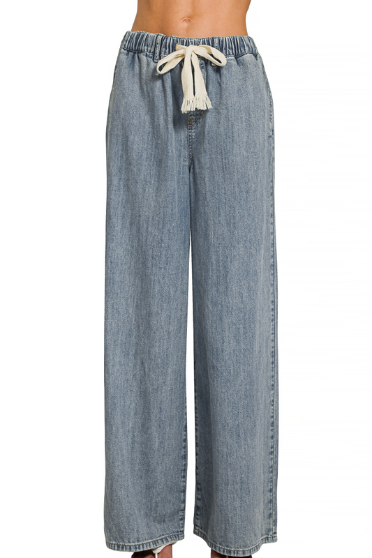 Denim Drawstring Wide Leg Pants