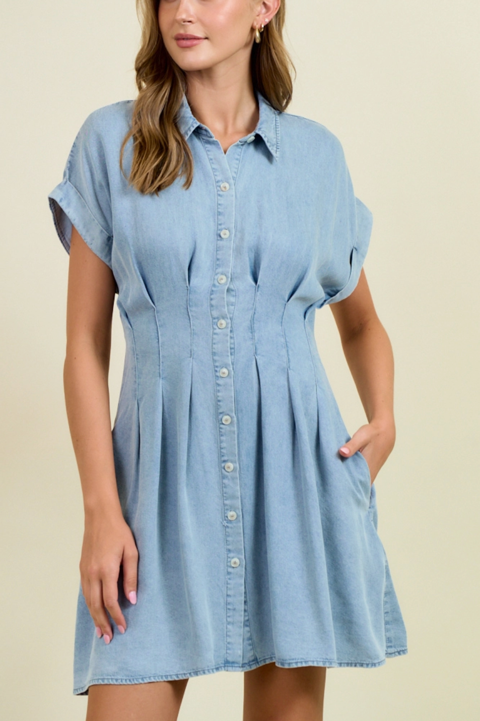 Denim Waist-Difing Pleats Mini Dress