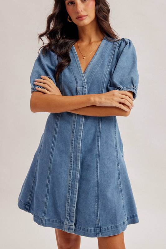 V Neck Button Down Puff Sleeve Flared Denim Dress