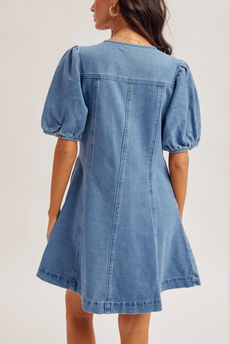 V Neck Button Down Puff Sleeve Flared Denim Dress