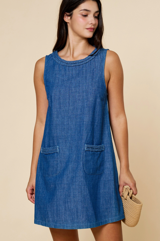 Braid Trim Pocket Shift Denim Dress