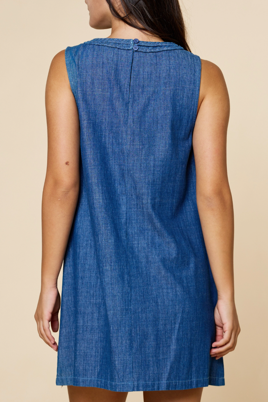 Braid Trim Pocket Shift Denim Dress