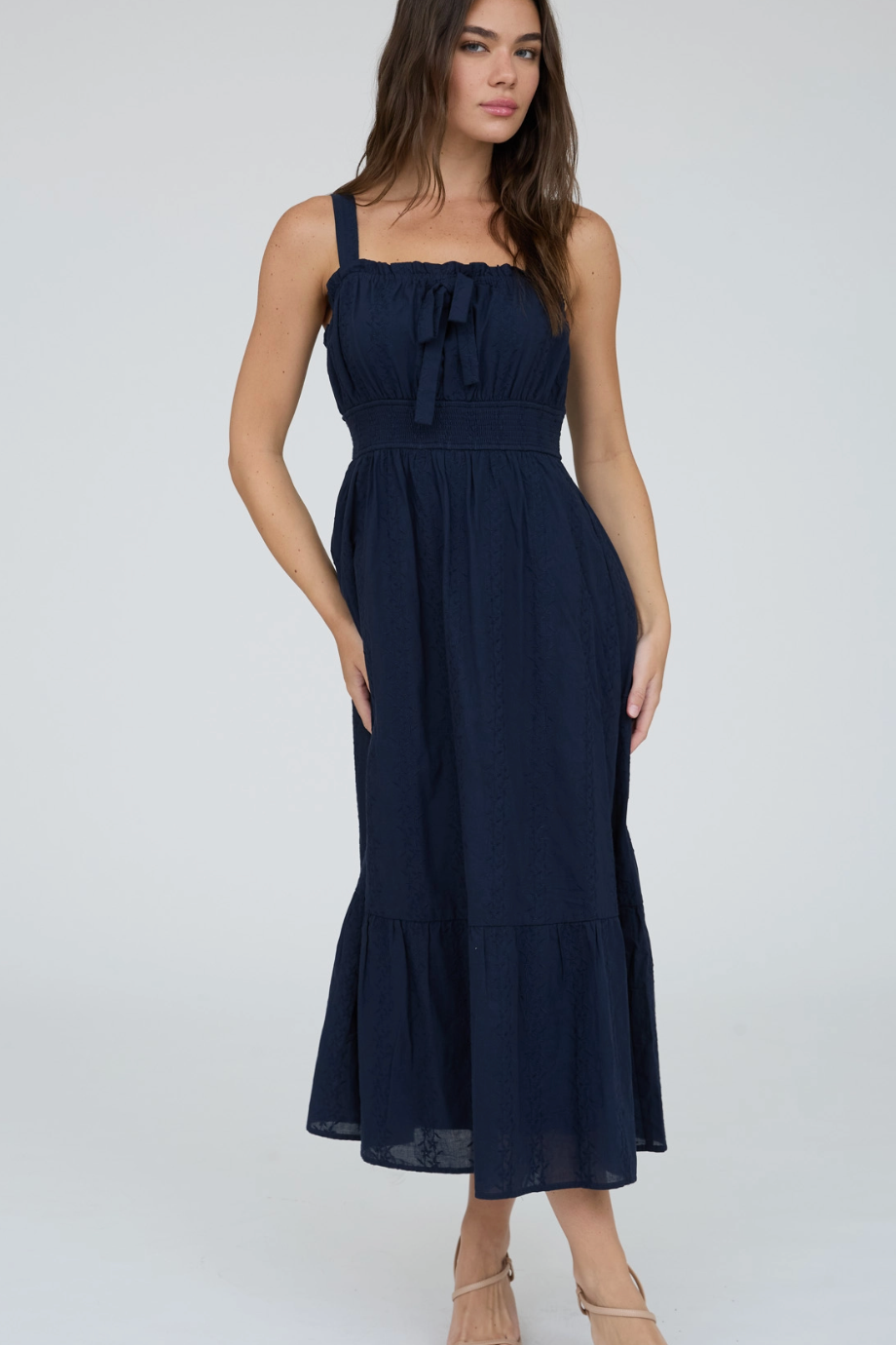 Smocked Waist Front Tie Midi Dress