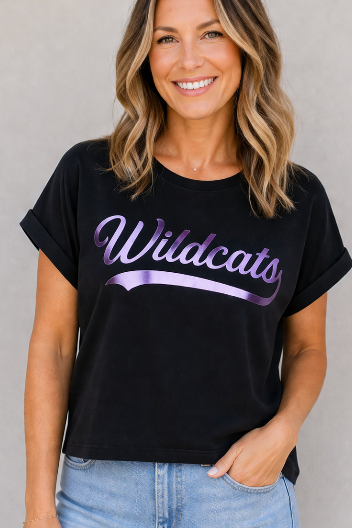 Wildcats Metallic Lavender Swoop Tee – Black