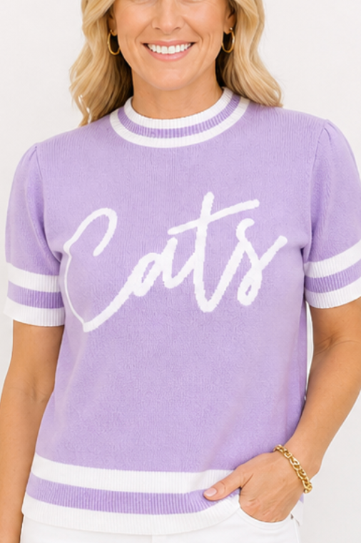 Lavender Knit Varsity Top – “Cats” Script