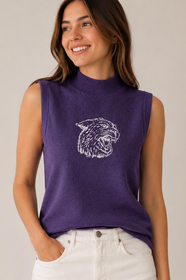 Embroidered Ratty Cat Mock Sweater - Purple
